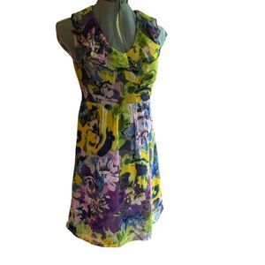 Ann Taylor Loft Womens Dress‎ Size 0 Petite Floral Watercolor Ruffle Neck